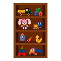 diferentes juguetes en un estante, un armario con juguetes, aislado en un fondo blanco.