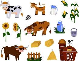 A set of farm animals and objects, a vector family of cows. Isolated on a white background.