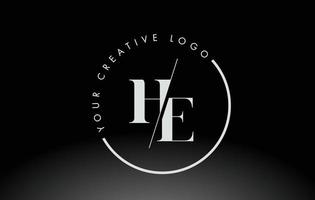 diseño de logotipo de letra he serif blanco con corte cruzado creativo. vector