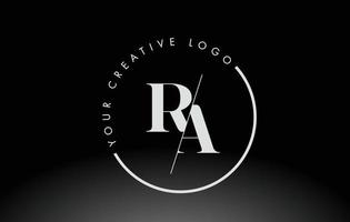 White RA Serif Letter Logo Design with Creative Intersected Cut. vector