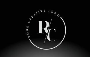 White RC Serif Letter Logo Design with Creative Intersected Cut. vector