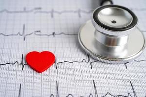 estetoscopio en electrocardiograma ecg con corazón rojo, onda cardíaca, ataque cardíaco, informe de cardiograma. foto