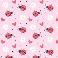Cute cartoon ladybug, daisies, hearts and dots pattern. Can be used for textile, background, book cover, packaging. vector