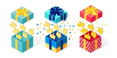 Set of opened gift box with thumbs up isolated on white background. 3d isometric package, surprise with confetti. Testimonials, feedback, customer review concept. Vector cartoon design