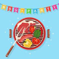 Portable round barbecue with grill sausage, beef steak, ribs, fried meat vegetables isolated on background. BBQ device for picnic, family party. Barbeque icon. Cookout event concept Vector flat design