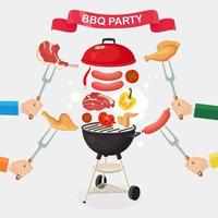 Portable round barbecue with grill sausage, beef steak, ribs, fried chicken meat vegetables isolated on background. BBQ picnic, family party. Barbeque icon. Cookout. Hand with fork. Vector flat design