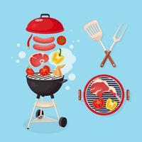 Portable round barbecue with grill sausage, beef steak, ribs, fried meat vegetables isolated on background. BBQ picnic, family party. Fork and spatula. Barbeque icon. Cookout event. Vector flat design