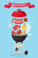 Portable round barbecue with grill sausage, beef steak, ribs, fried meat vegetables isolated on background. BBQ device for picnic, family party. Barbeque icon. Cookout event concept Vector flat design