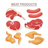 Raw and grilled meat isolated on white background. Beef ribs, steak, sausage, pork, chicken wing, ham. Butcher shop. Vector flat illustration