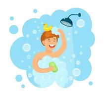 Happy man taking shower with rubber duck in bathroom. Wash head, hair, body, skin with shampoo, soap, sponge. Hygiene, everyday routine. Vector flat cartoon design