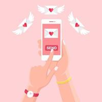 Valentine's day illustration. Send or receive love sms, letter, email with white mobile phone. Human hand hold cellphone, smartphone isolated on background. Envelope with red heart. Vector flat design