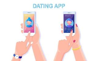 Hand hold mobile phone with dating app profile on display. Application for find love. Site for search couple. Vector flat design