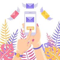 enviar o recibir sms, carta, mensaje con teléfono móvil blanco. mano humana sostenga el teléfono celular aislado en el fondo. aplicación de correo electrónico para teléfonos inteligentes. sobre volador con alas. diseño plano vectorial vector