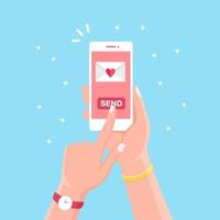 Valentine's day illustration. Send or receive love sms, letter, email with white mobile phone. Human hand hold cellphone, smartphone isolated on background. Envelope with red heart. Vector flat design