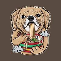Vector Illustration golden retriever dog cartoon eat ramen noodle with vintage retro japanese in isolated background. Good for logo, mascot, badge, emblem, banner, poster, flyer, social media, shirt