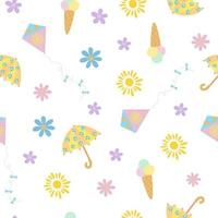 Easter holiday or summer traditional fun flowers, umbrella, sun, kite, ice cream colorful seamless pattern, flat style vector illustration, spring festive time decor, summer design, gift paper, banner