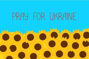 Pray for Ukraine banner or poster backgound in the traditional colors of Ukrainian flag, symbol of blue sky and yellow ripe wheat or sunflower fields vector