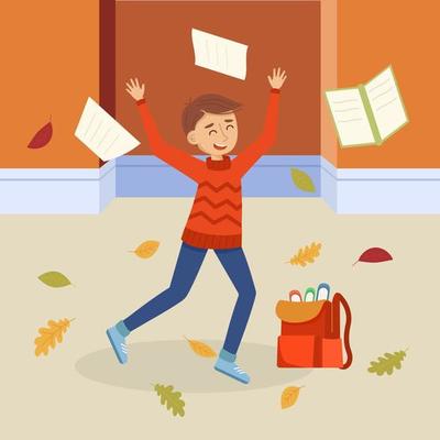 Schoolboy rejoices at the beginning of the holidays