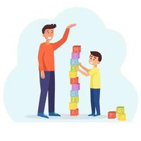 Dad and son building a tower with blocks. Having good time together. vector