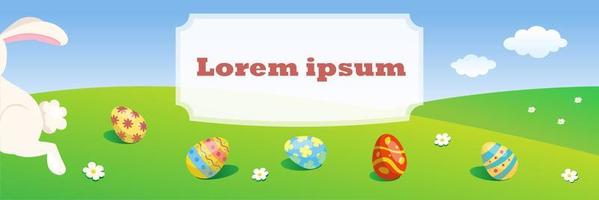 pancarta de pascua con huevos coloridos y un conejo corriendo