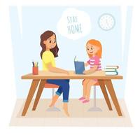The girl does homework with her mother.