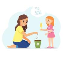 Girl is planting small plant in pot wuth her mom vector