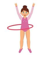 Girl gymnast make fitness exercise with red hula-hoop. vector