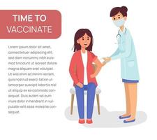 Doctor woman giving a free flu vaccination shot to the arm of a female patient. Poster for the clinic Vector isolated cartoon illustration.