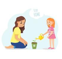 Girl grows a potted plant with her mother. Watering the first sprout vector