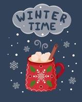 Greeting card with a picture of a colorful mug in the Christmas style. Cozy winter time vector