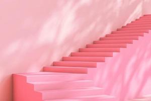 escalera rosa y sombra de plantas tropicales en la pared, fondo abstracto. representación 3d foto