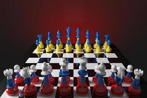 juego de tablero de ajedrez las piezas son coloridas con diseños ucranianos y rusos, lo que refleja el juego político internacional. representación 3d foto