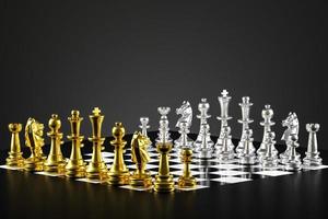 Chess board game The pieces are colorful with silver and gold. 3D rendering
