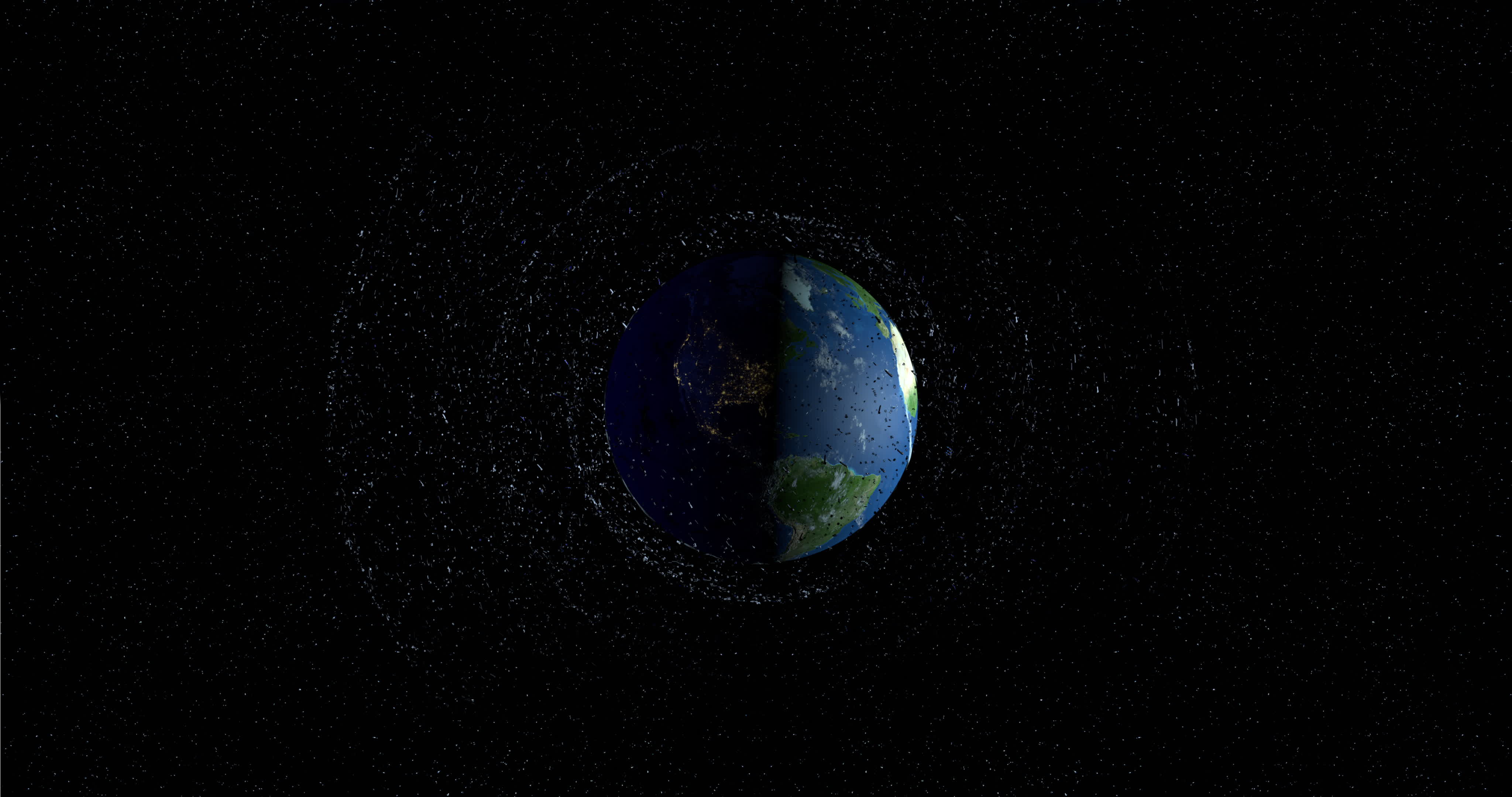 Panoramic view of space debris floating in the orbit of Earth
