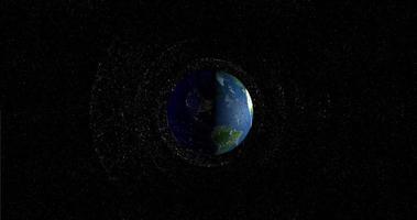 Panoramic view of space debris floating in the orbit of planet Earth. Old satellites, rockets of support, pieces of metal are a threat because they can collide with the new satellites. 3D Animation video