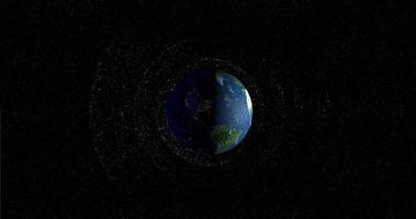 Panoramic view of space debris floating in the orbit of planet Earth. Old satellites, rockets of support, pieces of metal are a threat because they can collide with the new satellites. 3D Animation video