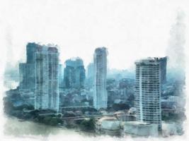 urban landscape with tall buildings watercolor style illustration impressionist painting. photo