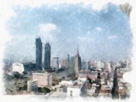 Landscape of tall buildings and streets in Bangkok watercolor style illustration impressionist painting. photo