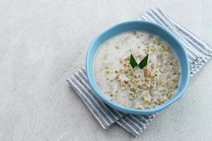 Mung Bean Porridge or Bubur Kacang Hijau, Indonesian dessert porridge of mung beans with coconut milk, pandan leaf and ginger. Served in bowl. photo