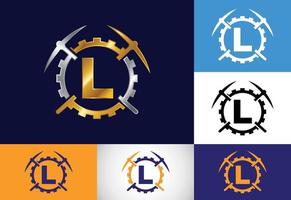 Initial L monogram letter alphabet with pickaxe and gear sign. Mining logo design concept. Modern vector logo for mining business and company identity.