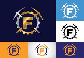 Initial F monogram letter alphabet with pickaxe and gear sign. Mining logo design concept. Modern vector logo for mining business and company identity.