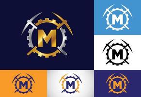 Initial M monogram letter alphabet with pickaxe and gear sign. Mining logo design concept. Modern vector logo for mining business and company identity.