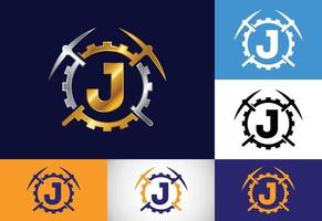 Initial J monogram letter alphabet with pickaxe and gear sign. Mining logo design concept. Modern vector logo for mining business and company identity.