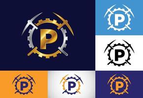 Initial P monogram letter alphabet with pickaxe and gear sign. Mining logo design concept. Modern vector logo for mining business and company identity.