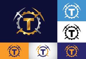 Initial T monogram letter alphabet with pickaxe and gear sign. Mining logo design concept. Modern vector logo for mining business and company identity.