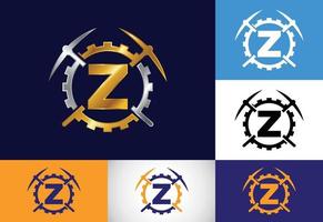 Initial Z monogram letter alphabet with pickaxe and gear sign. Mining logo design concept. Modern vector logo for mining business and company identity.