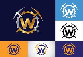 Initial W monogram letter alphabet with pickaxe and gear sign. Mining logo design concept. Modern vector logo for mining business and company identity.