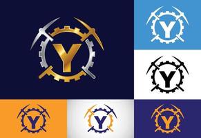 Initial Y monogram letter alphabet with pickaxe and gear sign. Mining logo design concept. Modern vector logo for mining business and company identity.