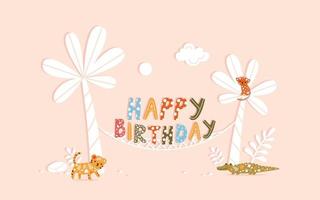 Stylish happy birthday card with funny tiger, monkey and crocodile. Vector illustration