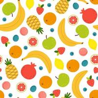 Banana, apple, orange, pineapple and lemon in cute seamless vector pattern. Funny food print on white background